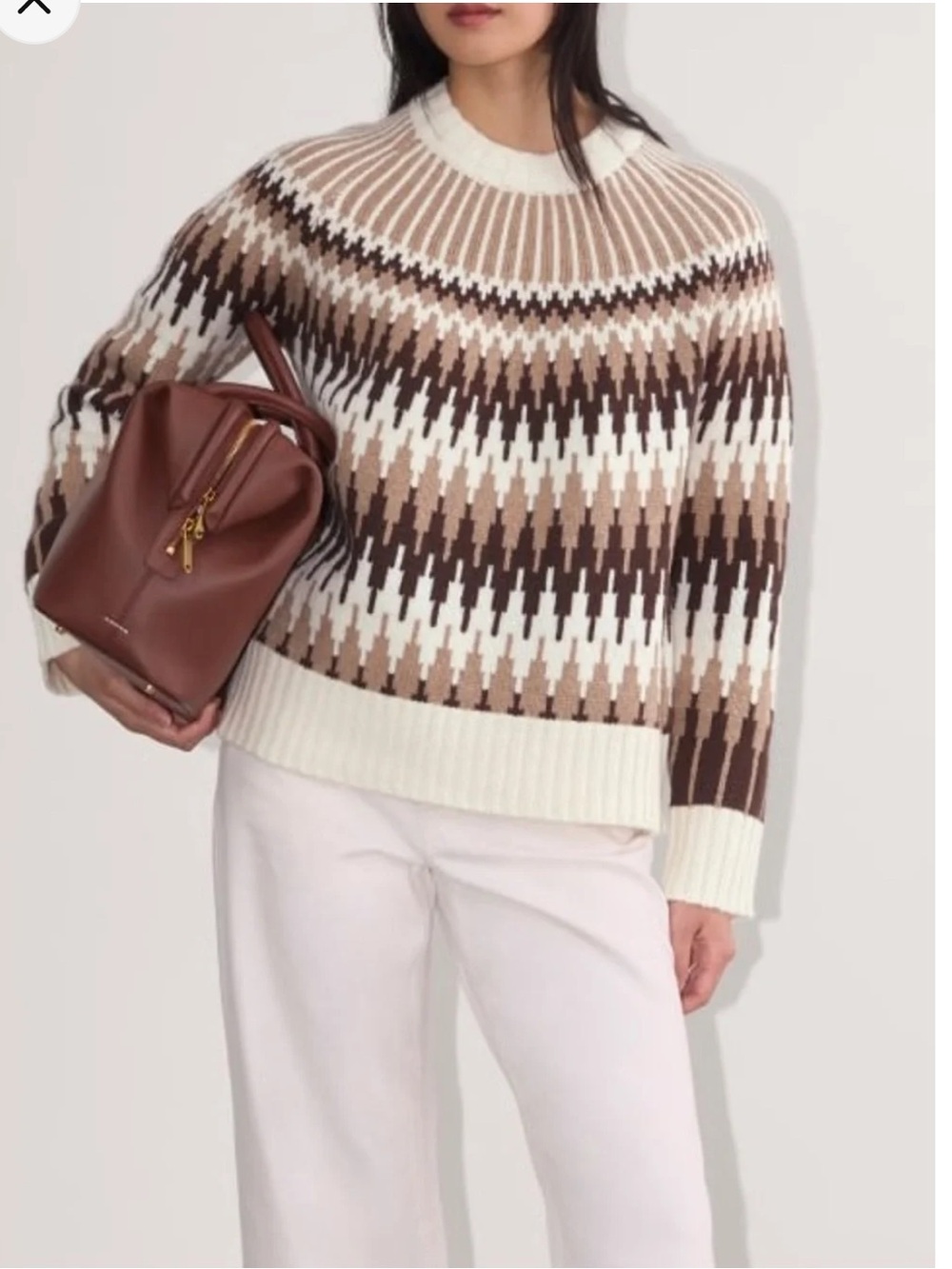 Everlane 100% Wool Fair Isle Crew Neck Sweater Bone/Brown Luxury Warm XS